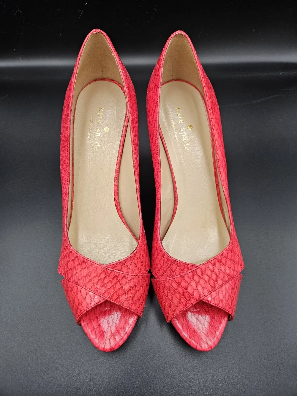 Kate Spade New York Red Snakeskin Embossed Peep Toe Heels Size 9B Made in Italy